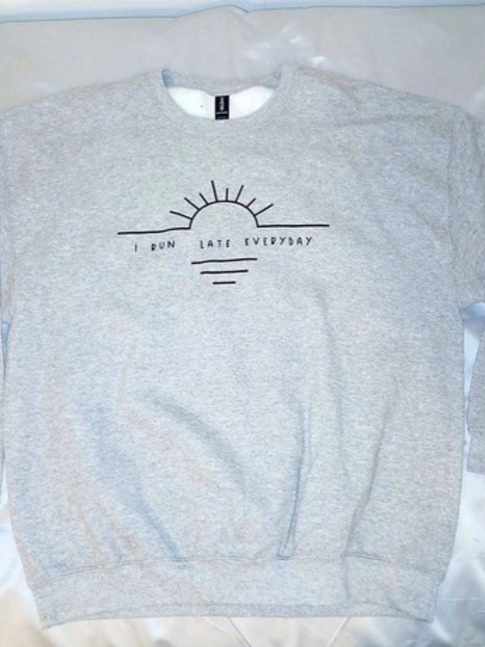 Gildan Heavy Blend Crewneck Sweatshirt Gray Graphic “I run late everyday”